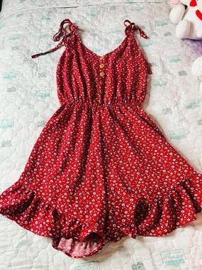 Red Floral Tie-Shoulder Romper with Button Front